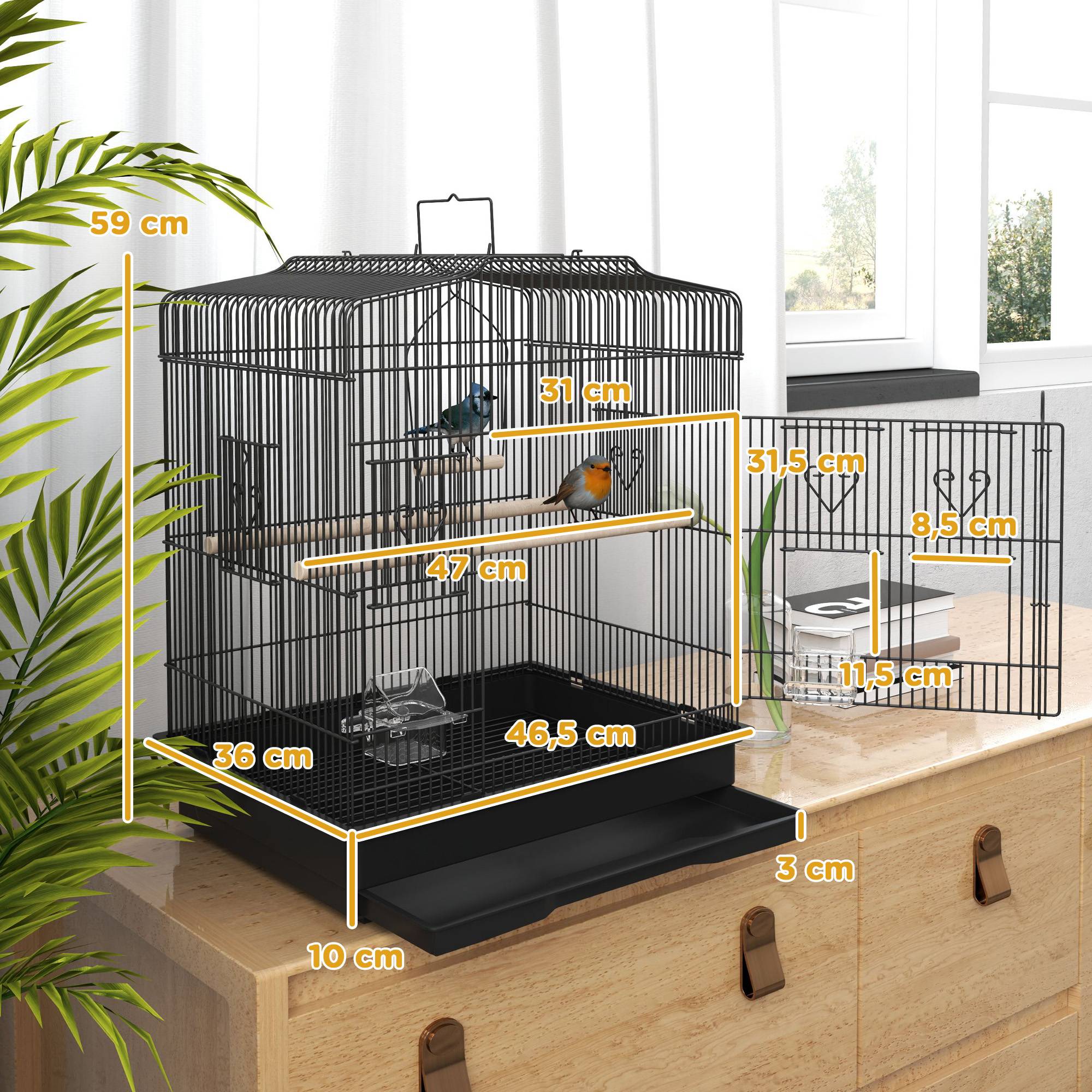 Cage à oiseaux 46,5x36x59 cm avec 2 mangeoires, 2 perchoirs, balançoire, plateau extractible et cadre acier noir - Image 5