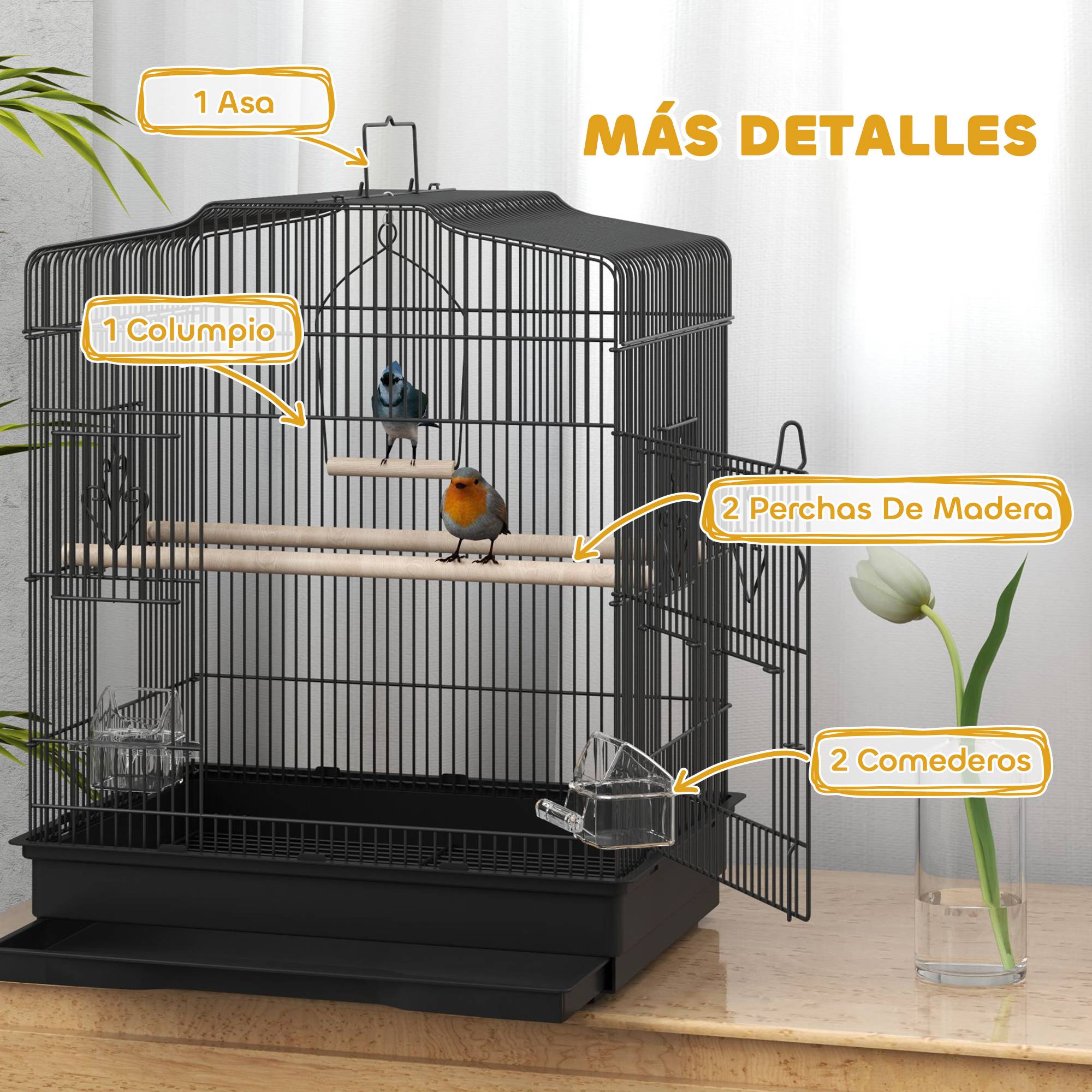 Cage à oiseaux 46,5x36x59 cm avec 2 mangeoires, 2 perchoirs, balançoire, plateau extractible et cadre acier noir - Image 8