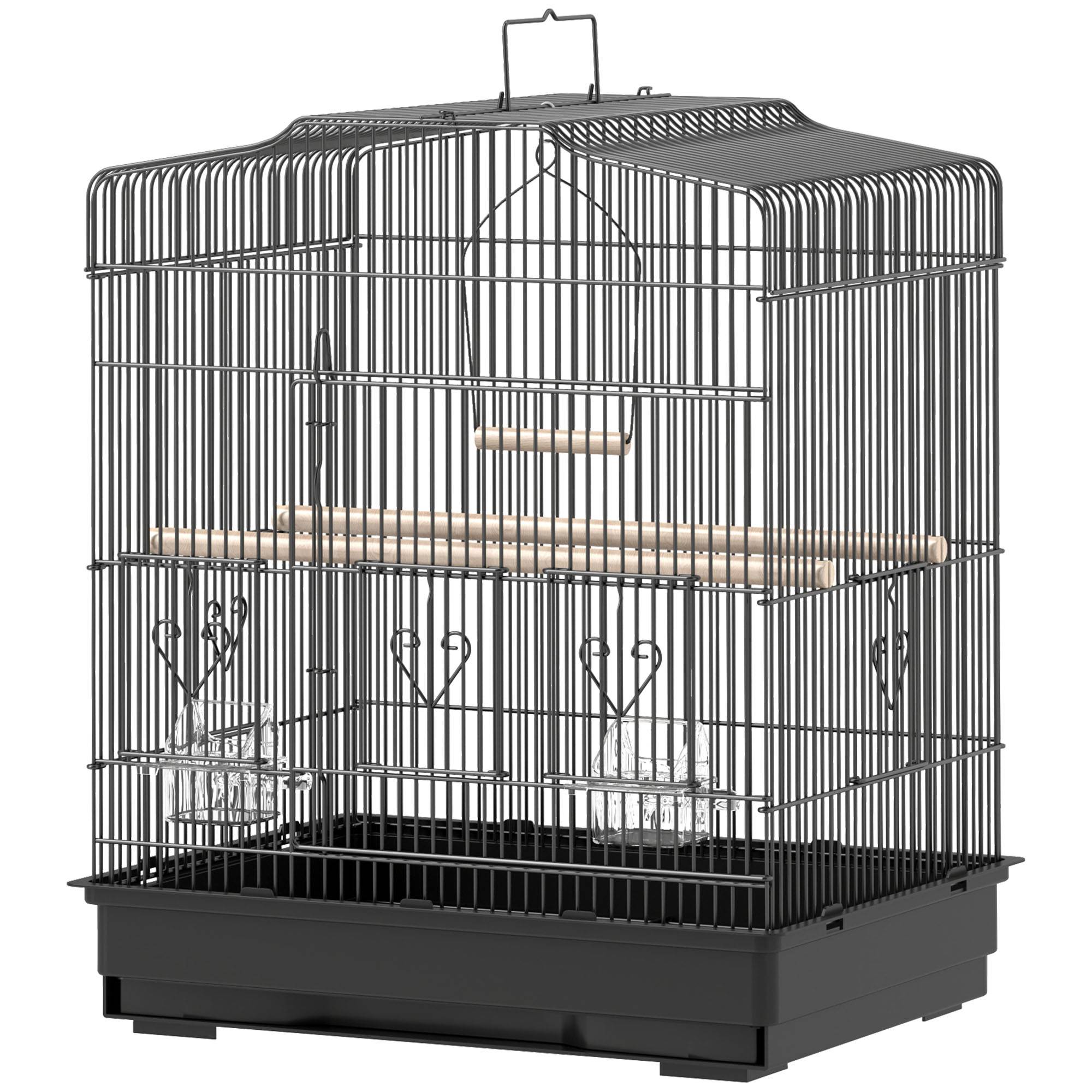 Cage à oiseaux 46,5x36x59 cm avec 2 mangeoires, 2 perchoirs, balançoire, plateau extractible et cadre acier noir - Image 2