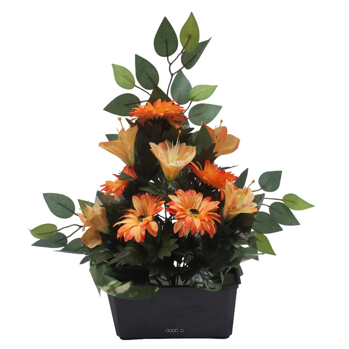Jardinière fleurs artificielles gerbera, Alstromeria et Ficus Orange pour la Toussaint - couleur: Orange - Image 2
