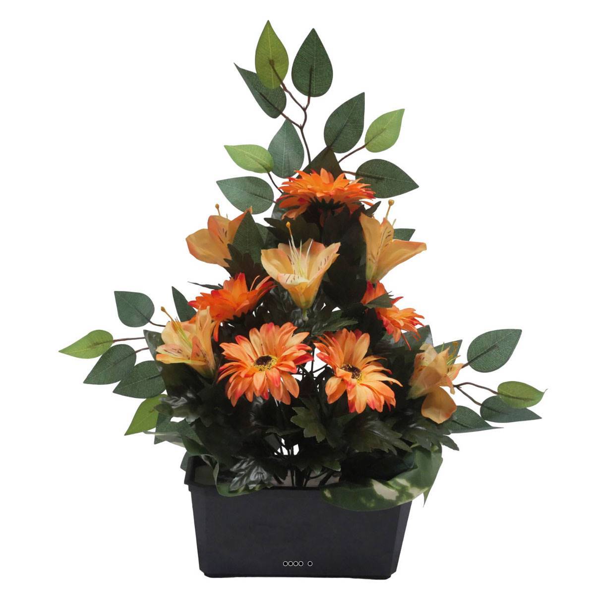 Jardinière fleurs artificielles gerbera, Alstromeria et Ficus Orange pour la Toussaint - couleur: Orange - Image 1