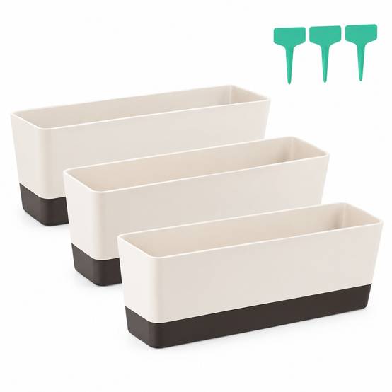 Lot de 3 Pots de Fleurs Rectangulaire Plastique Avec Plateau Drainage Etiquette Identification - Image 1