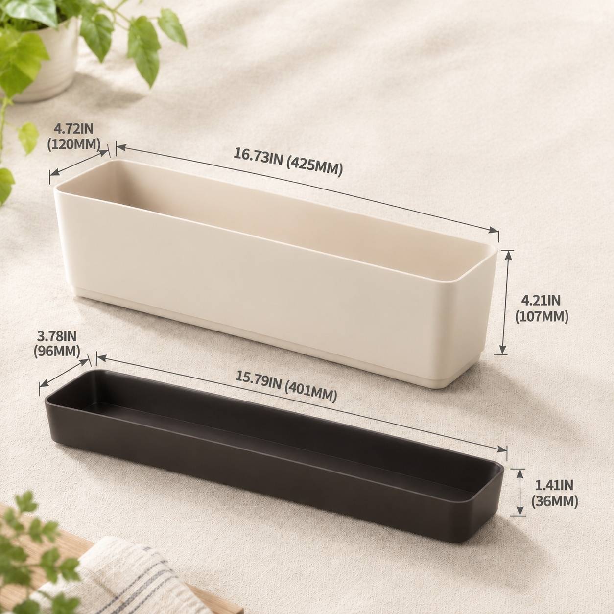 Lot de 3 Pots de Fleurs Rectangulaire Plastique Avec Plateau Drainage Etiquette Identification - Image 3