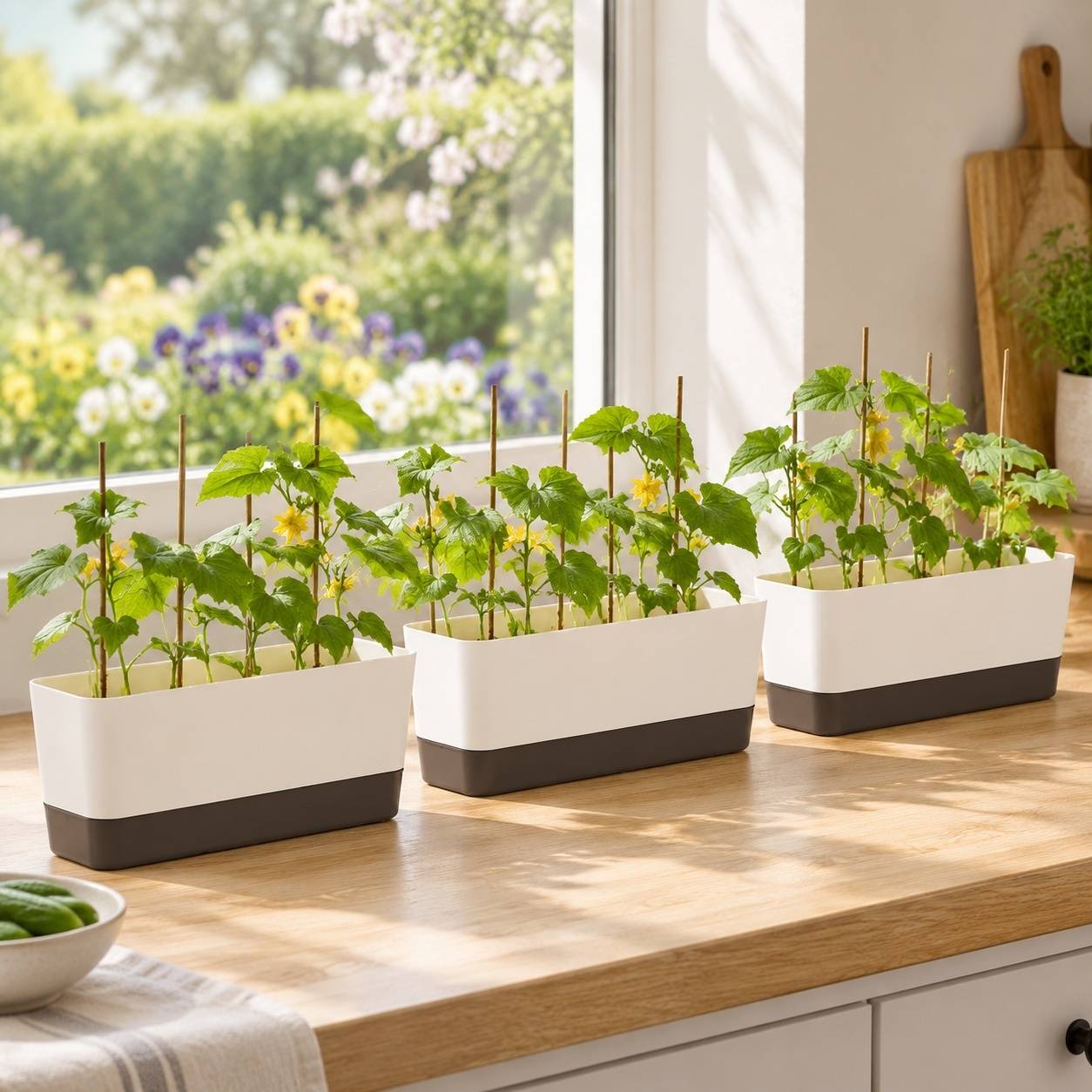 Lot de 3 Pots de Fleurs Rectangulaire Plastique Avec Plateau Drainage Etiquette Identification - Image 5