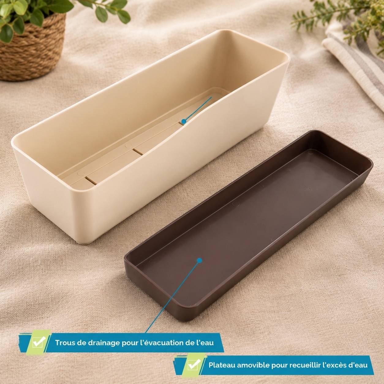 Lot de 3 Pots de Fleurs Rectangulaire Plastique Avec Plateau Drainage Etiquette Identification - Image 4