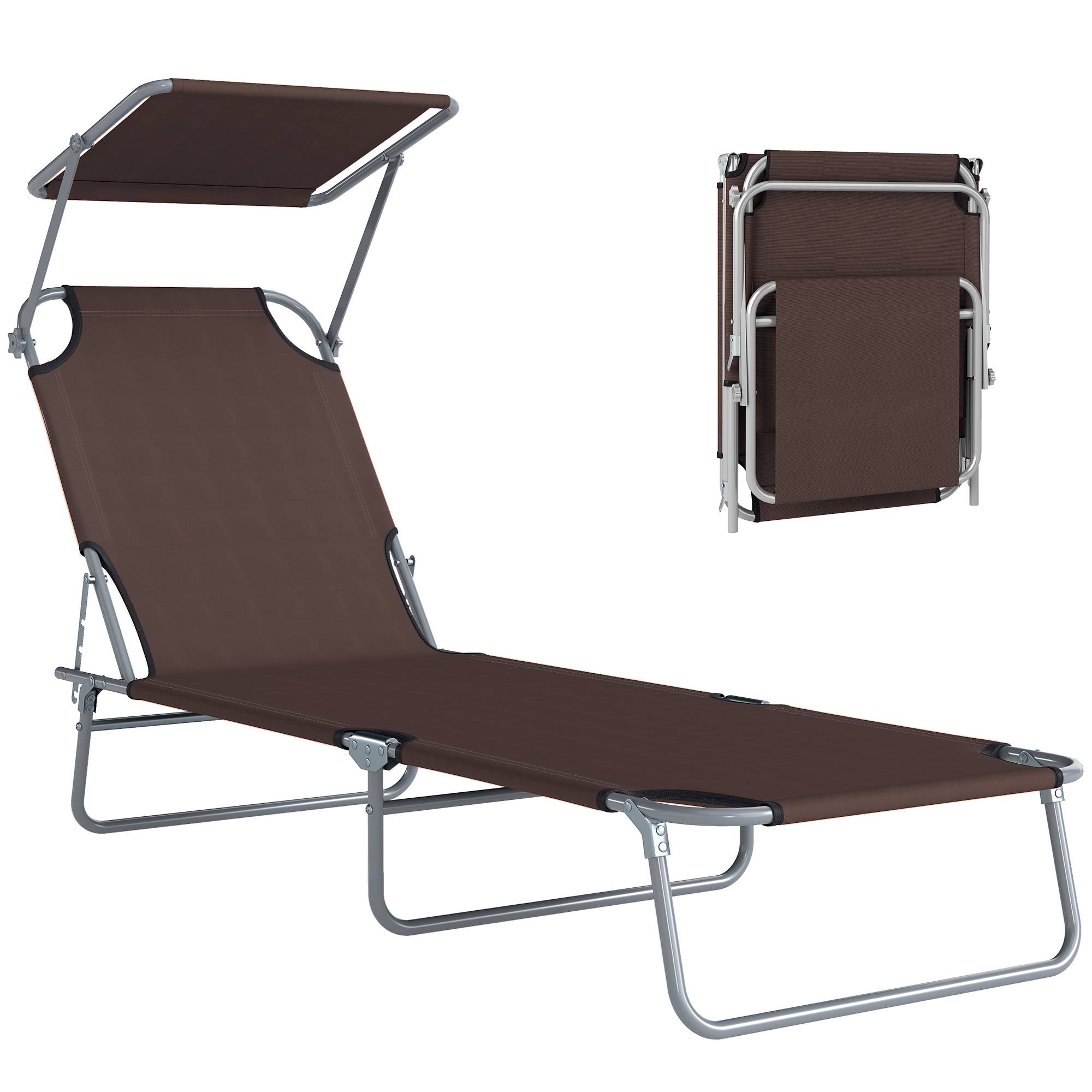 Sans Marque - Transat de jardin pliable et réglable avec auvent en tissu marron, 187 x 58 x 50 cm - Image 1