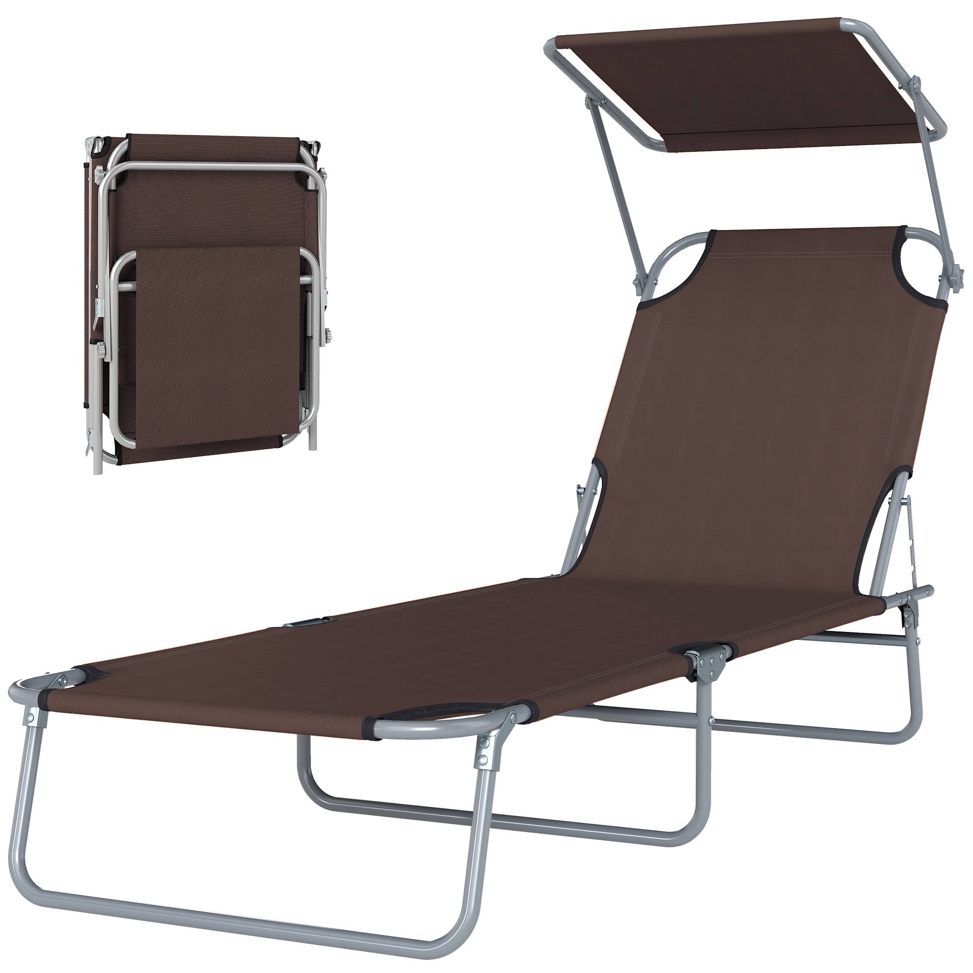 Sans Marque - Transat de jardin pliable et réglable avec auvent en tissu marron, 187 x 58 x 50 cm - Image 2
