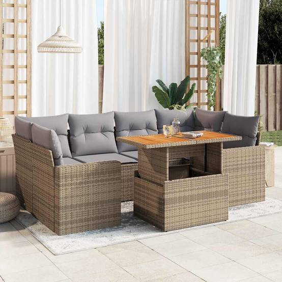 Salon de jardin 7 places beige avec accoudoirs résine tressée et bois table et rangements – ComfortXL Outdoor Living - Image 1