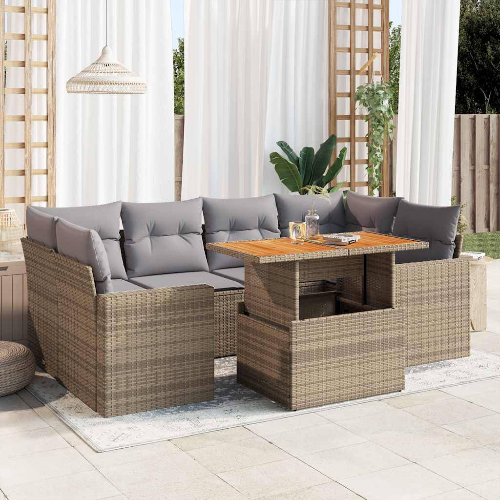 Salon de jardin 7 places beige avec accoudoirs résine tressée et bois table et rangements – ComfortXL Outdoor Living - Image 1