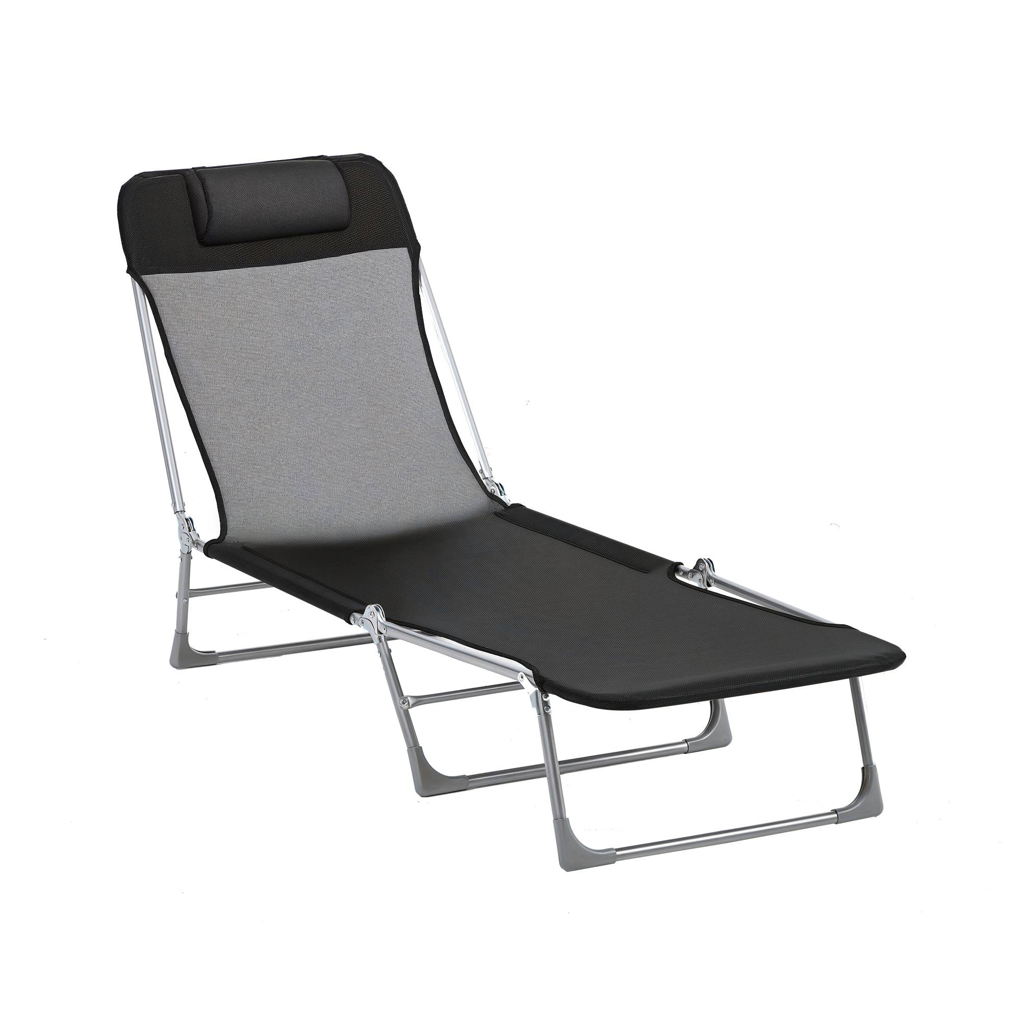 Bain de soleil transat chaise longue inclinable pliable avec oreiller dossier réglable sur 5 niveaux noir
