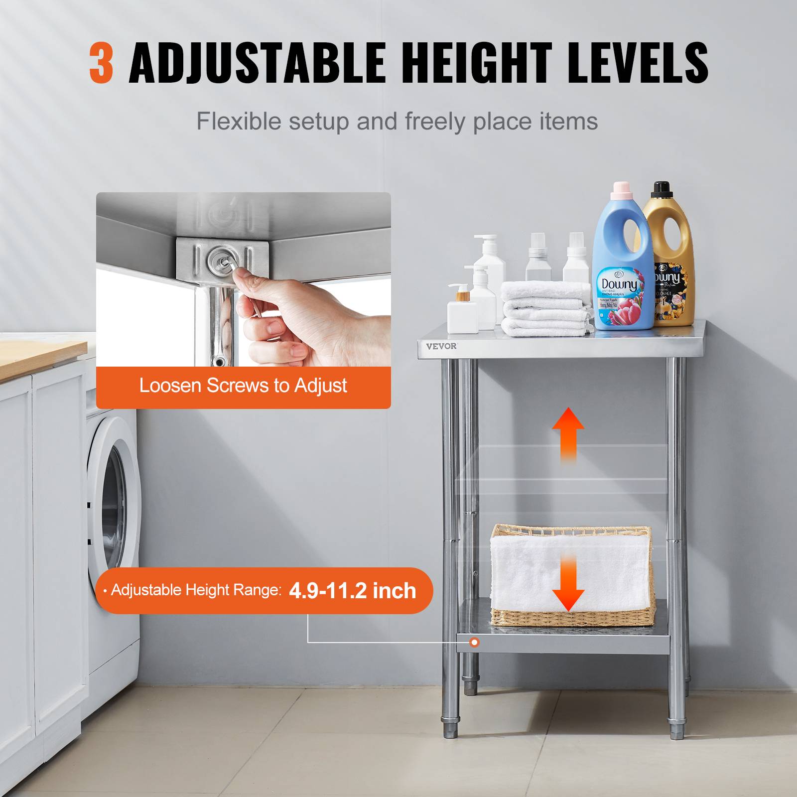 VEVOR Station de préparation métal 24"x24"x34". Supporte 700 lb, inox, 3 hauteurs. Pour cuisine, garage, commerce. - Image 5