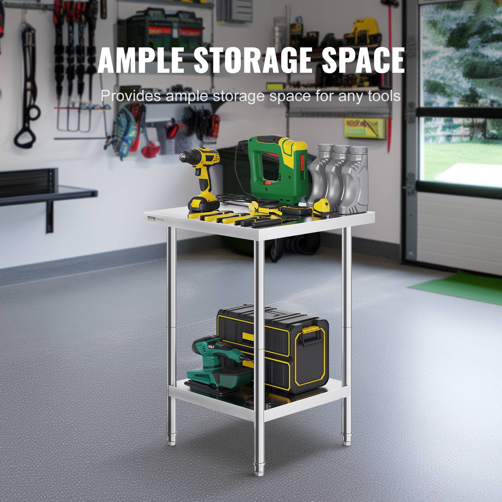 VEVOR Station de préparation métal 24"x24"x34". Supporte 700 lb, inox, 3 hauteurs. Pour cuisine, garage, commerce. - Image 4