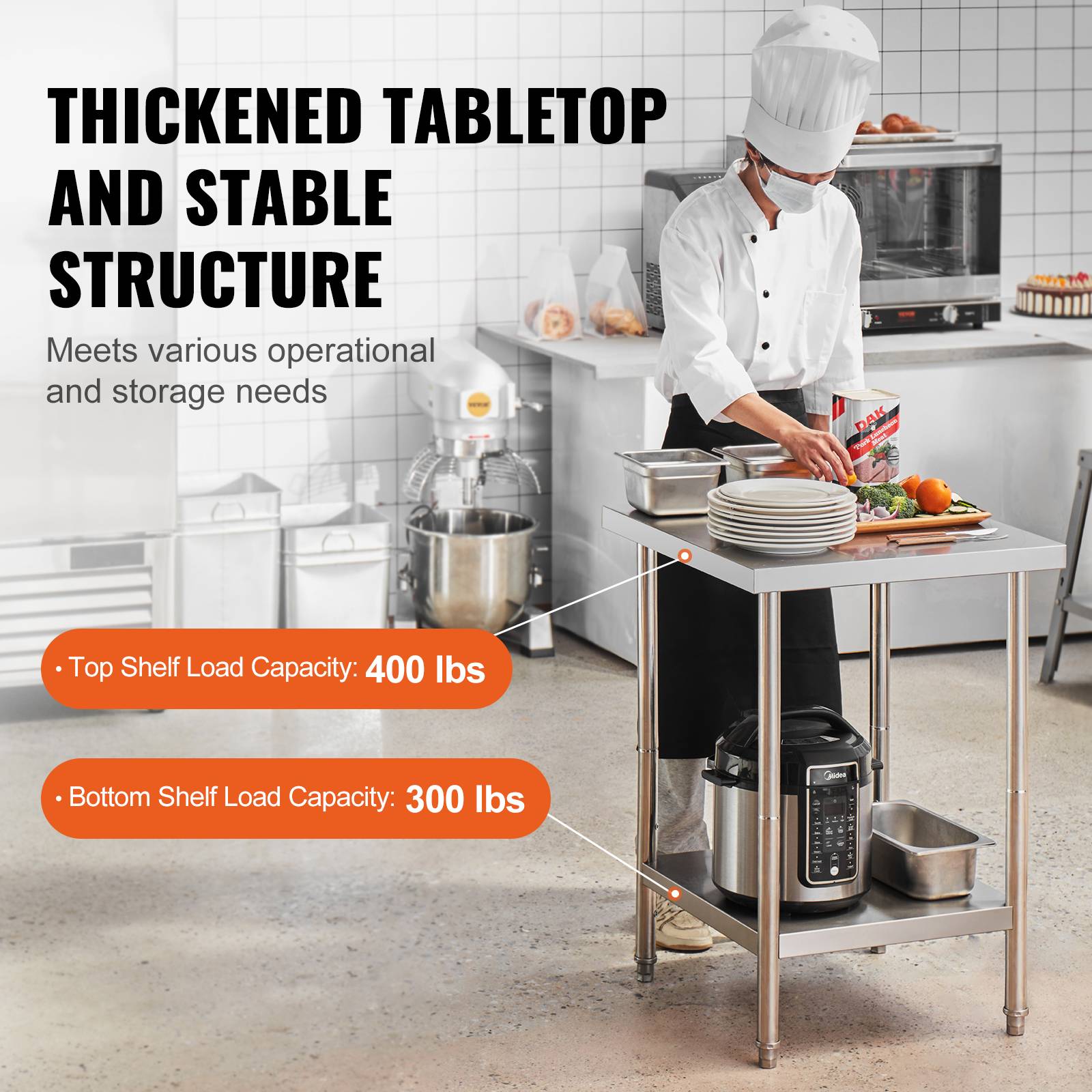 VEVOR Station de préparation métal 24"x24"x34". Supporte 700 lb, inox, 3 hauteurs. Pour cuisine, garage, commerce. - Image 3