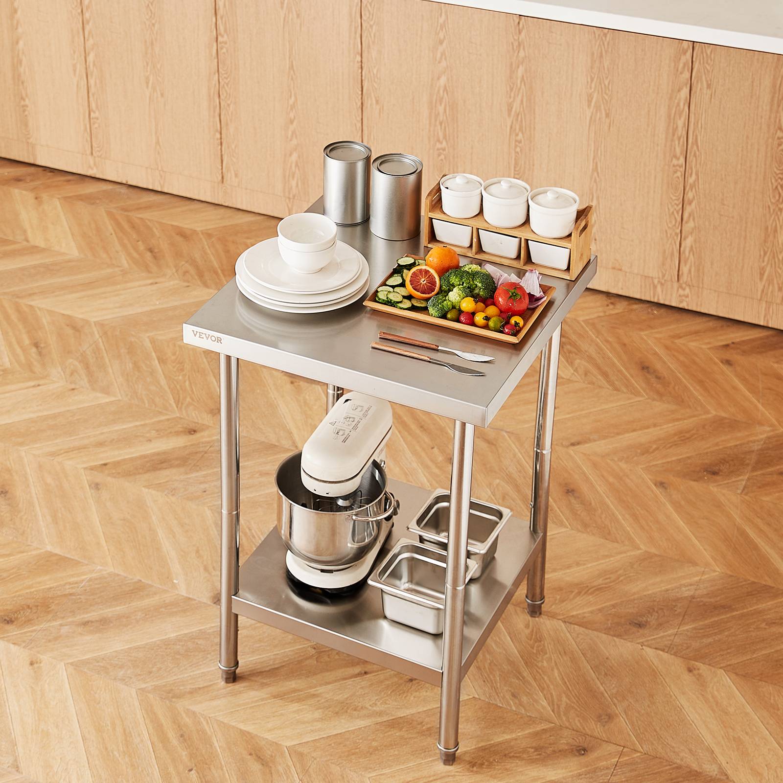 VEVOR Station de préparation métal 24"x24"x34". Supporte 700 lb, inox, 3 hauteurs. Pour cuisine, garage, commerce. - Image 8