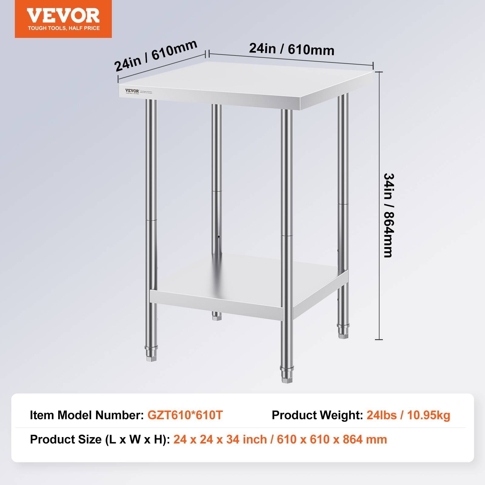 VEVOR Station de préparation métal 24"x24"x34". Supporte 700 lb, inox, 3 hauteurs. Pour cuisine, garage, commerce. - Image 7