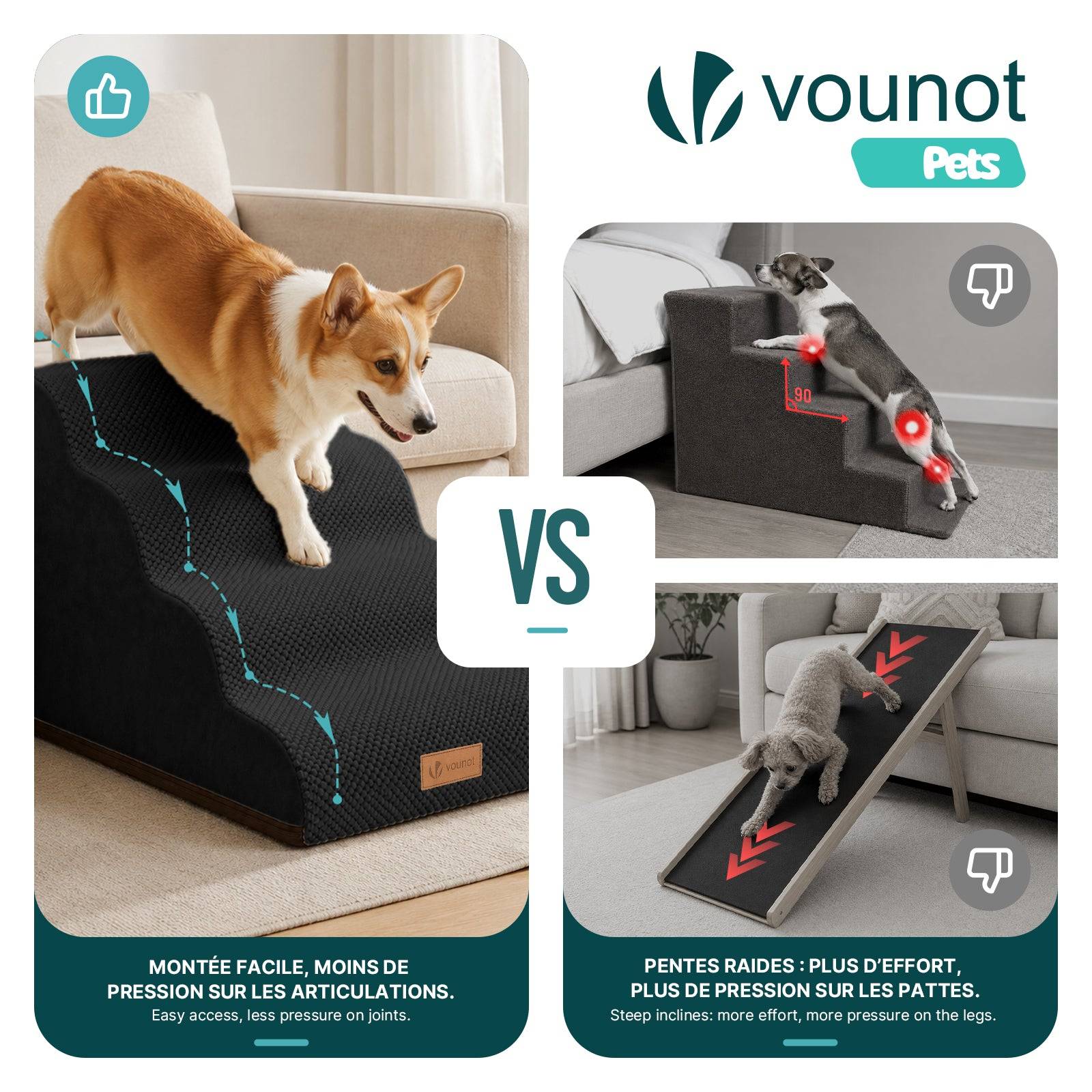 Vounot - Escalier pour chien et chat en mousse haute densite et housse lavable 72x40x50cm noir - Image 6