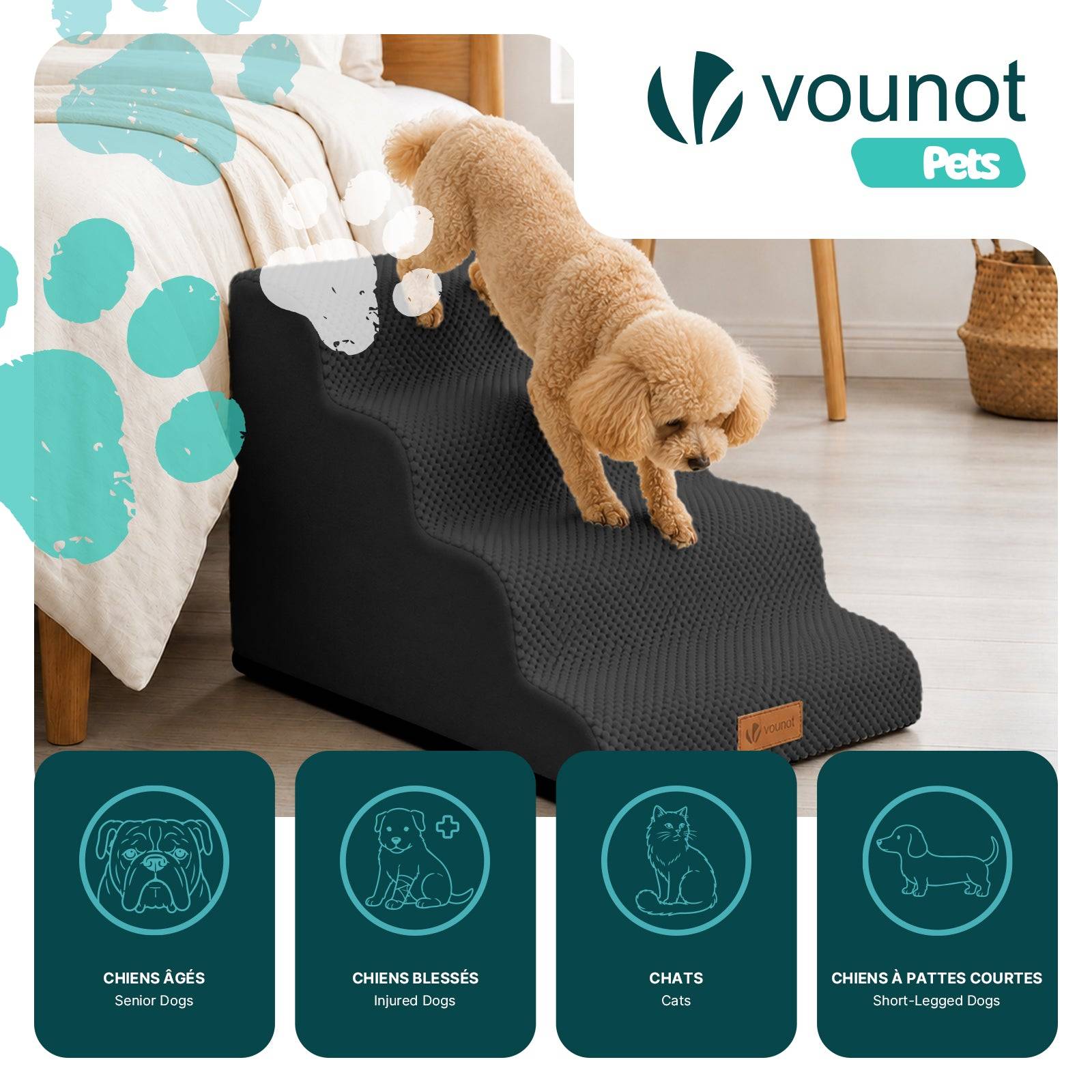 Vounot - Escalier pour chien et chat en mousse haute densite et housse lavable 72x40x50cm noir - Image 2