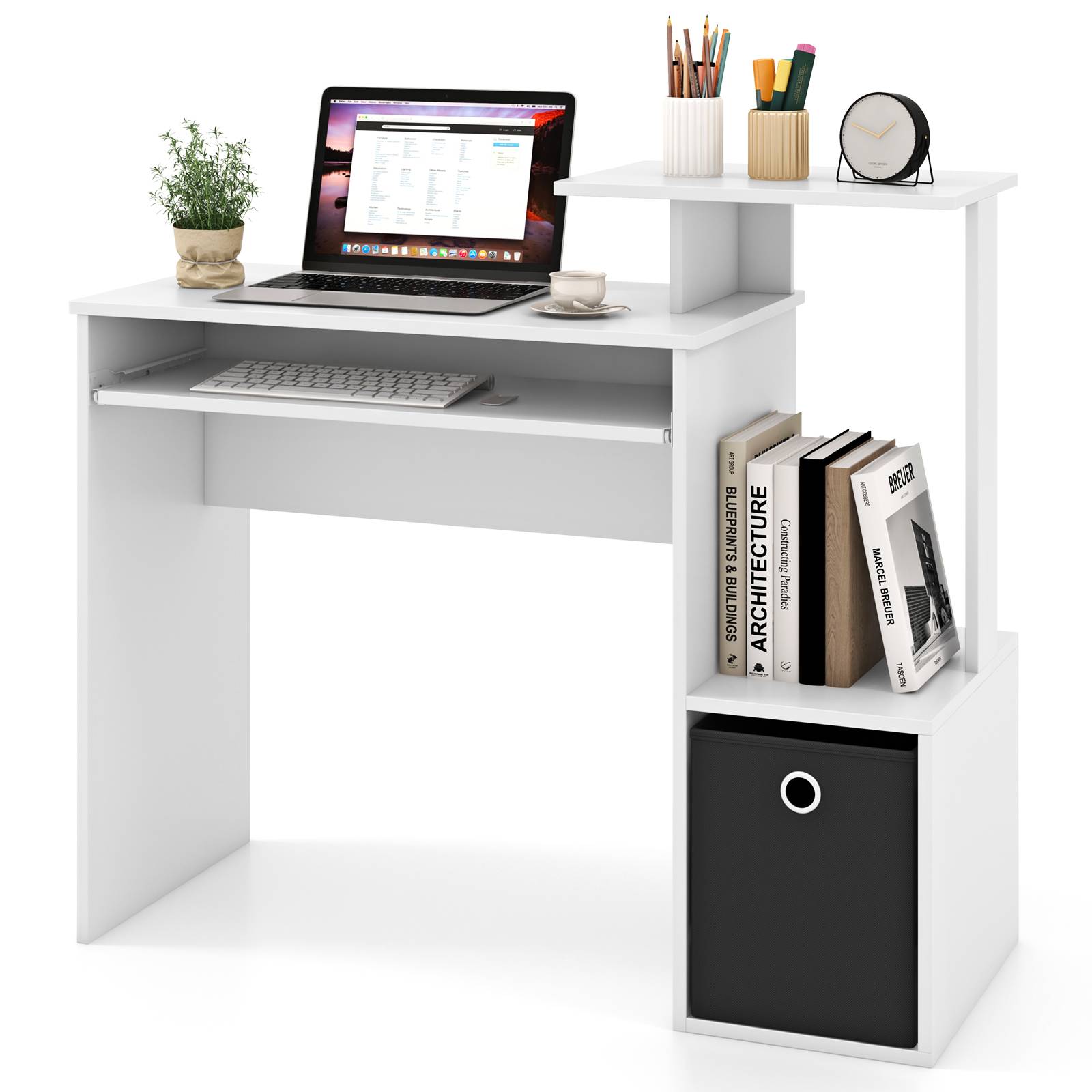 Petit Bureau d'Ordinateur avec Rangement, Bureau à Domicile avec Plateau pour Clavier et Tiroir en Tissu Amovible, pour Petits Espaces, Blanc - Image 1