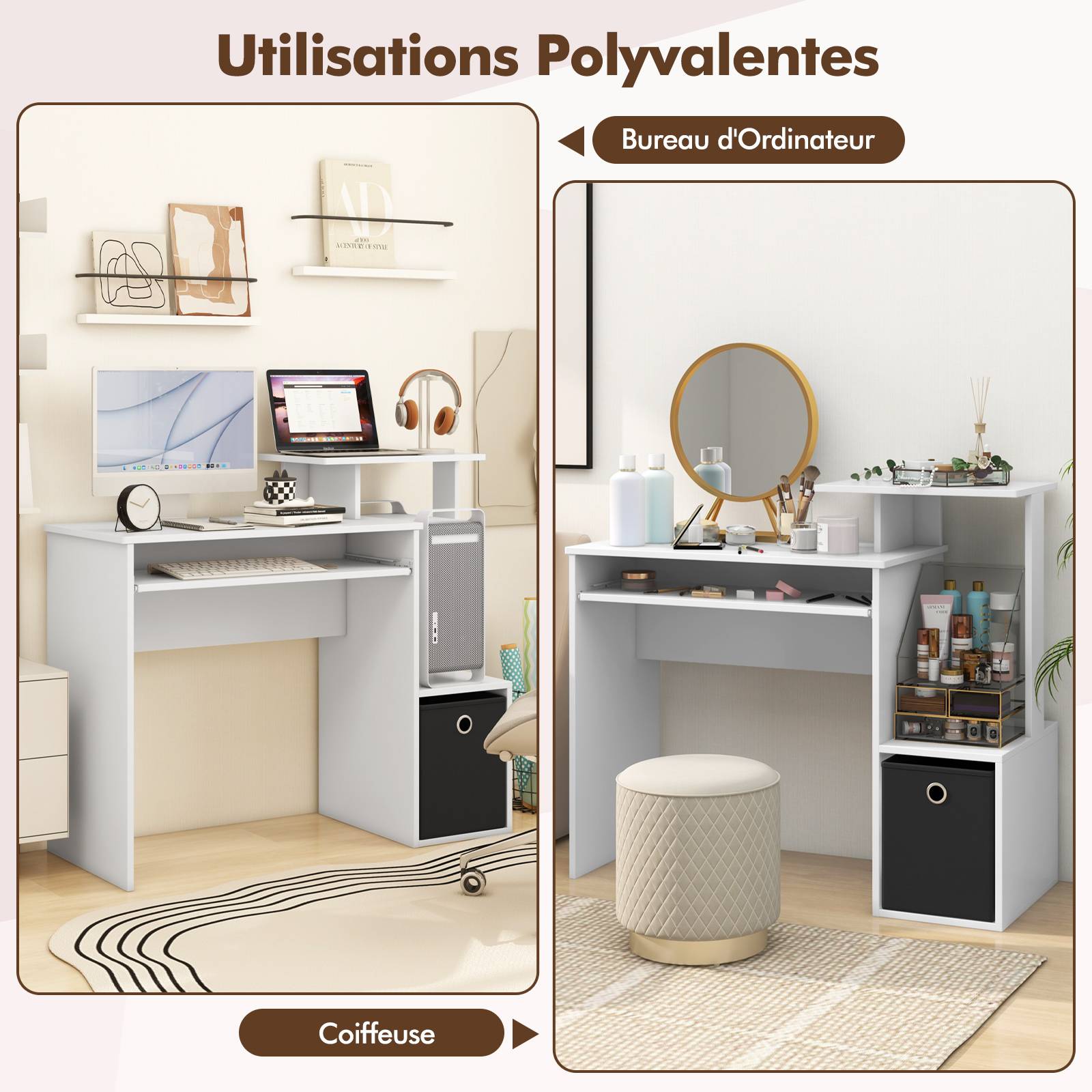 Petit Bureau d'Ordinateur avec Rangement, Bureau à Domicile avec Plateau pour Clavier et Tiroir en Tissu Amovible, pour Petits Espaces, Blanc - Image 5