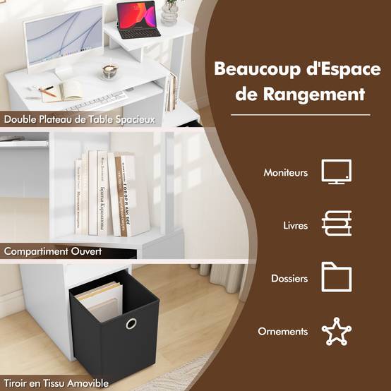 Petit Bureau d'Ordinateur avec Rangement, Bureau à Domicile avec Plateau pour Clavier et Tiroir en Tissu Amovible, pour Petits Espaces, Blanc - Image 4