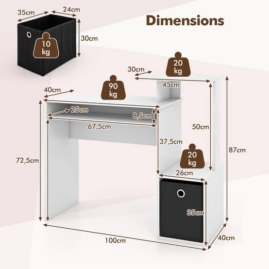 Petit Bureau d'Ordinateur avec Rangement, Bureau à Domicile avec Plateau pour Clavier et Tiroir en Tissu Amovible, pour Petits Espaces, Blanc - Image 2