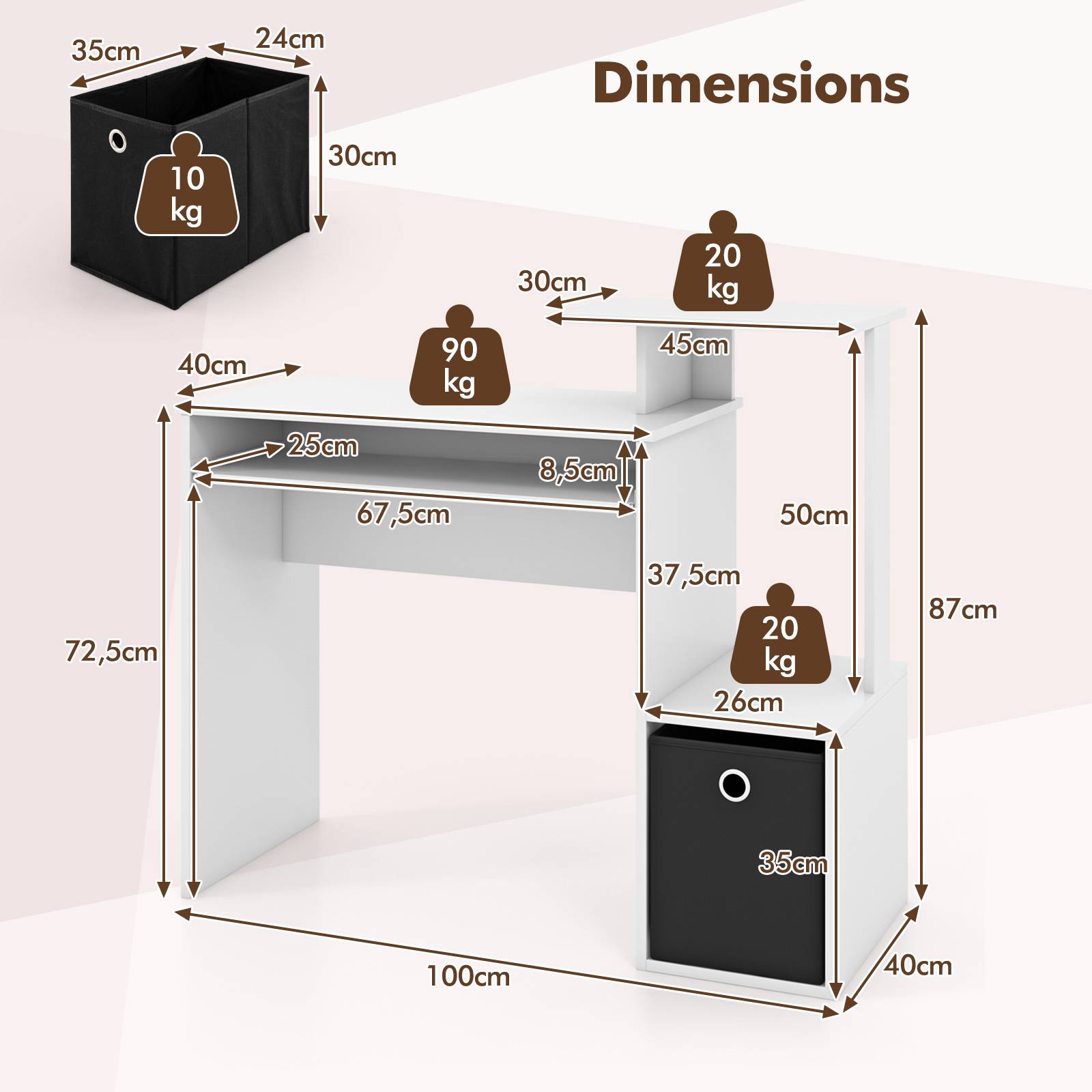 Petit Bureau d'Ordinateur avec Rangement, Bureau à Domicile avec Plateau pour Clavier et Tiroir en Tissu Amovible, pour Petits Espaces, Blanc - Image 2