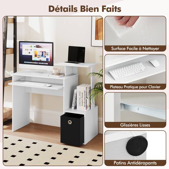 Petit Bureau d'Ordinateur avec Rangement, Bureau à Domicile avec Plateau pour Clavier et Tiroir en Tissu Amovible, pour Petits Espaces, Blanc - Image 3