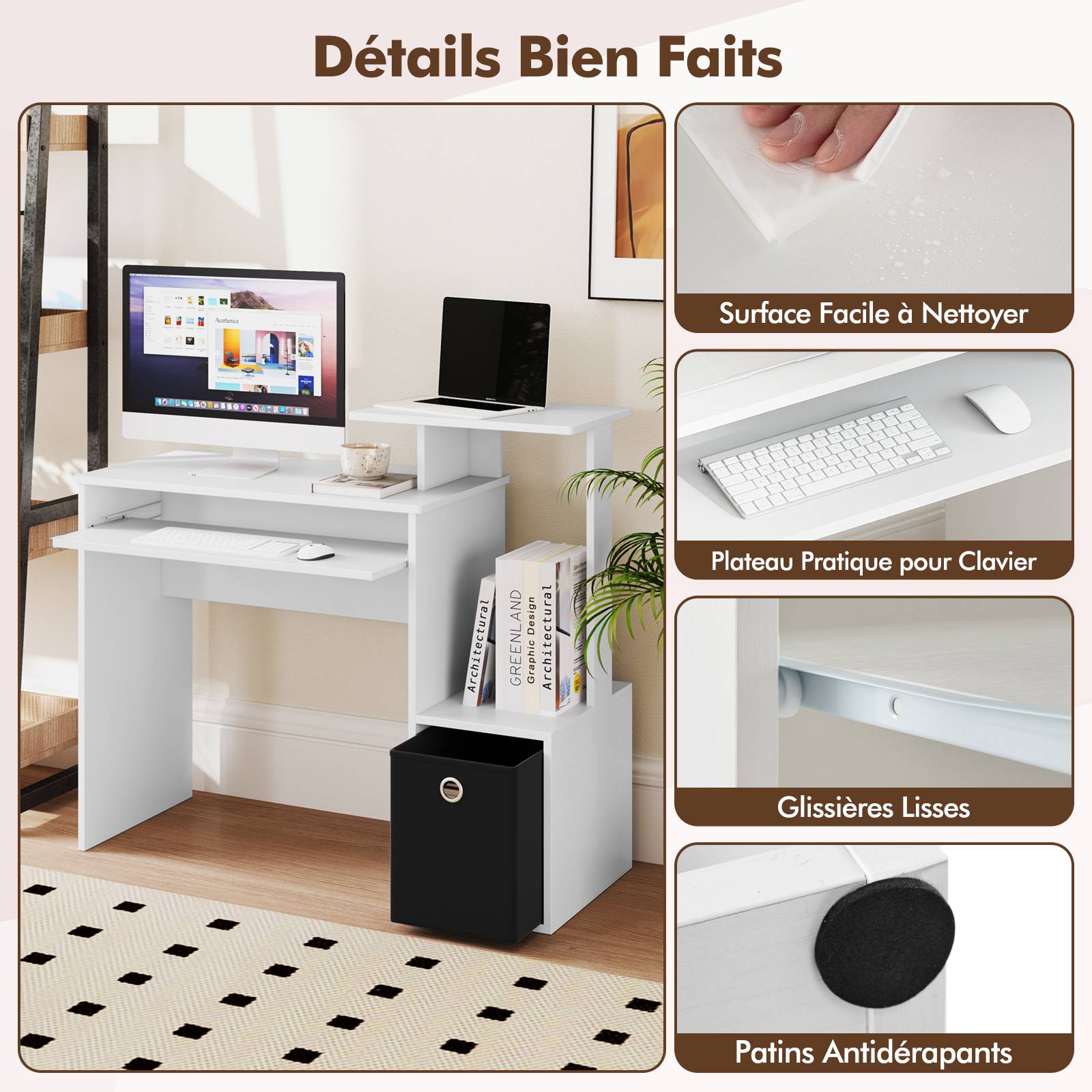 Petit Bureau d'Ordinateur avec Rangement, Bureau à Domicile avec Plateau pour Clavier et Tiroir en Tissu Amovible, pour Petits Espaces, Blanc - Image 3