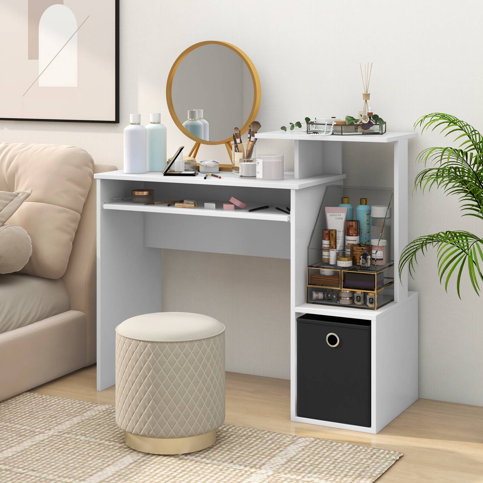 Petit Bureau d'Ordinateur avec Rangement, Bureau à Domicile avec Plateau pour Clavier et Tiroir en Tissu Amovible, pour Petits Espaces, Blanc - Image 7
