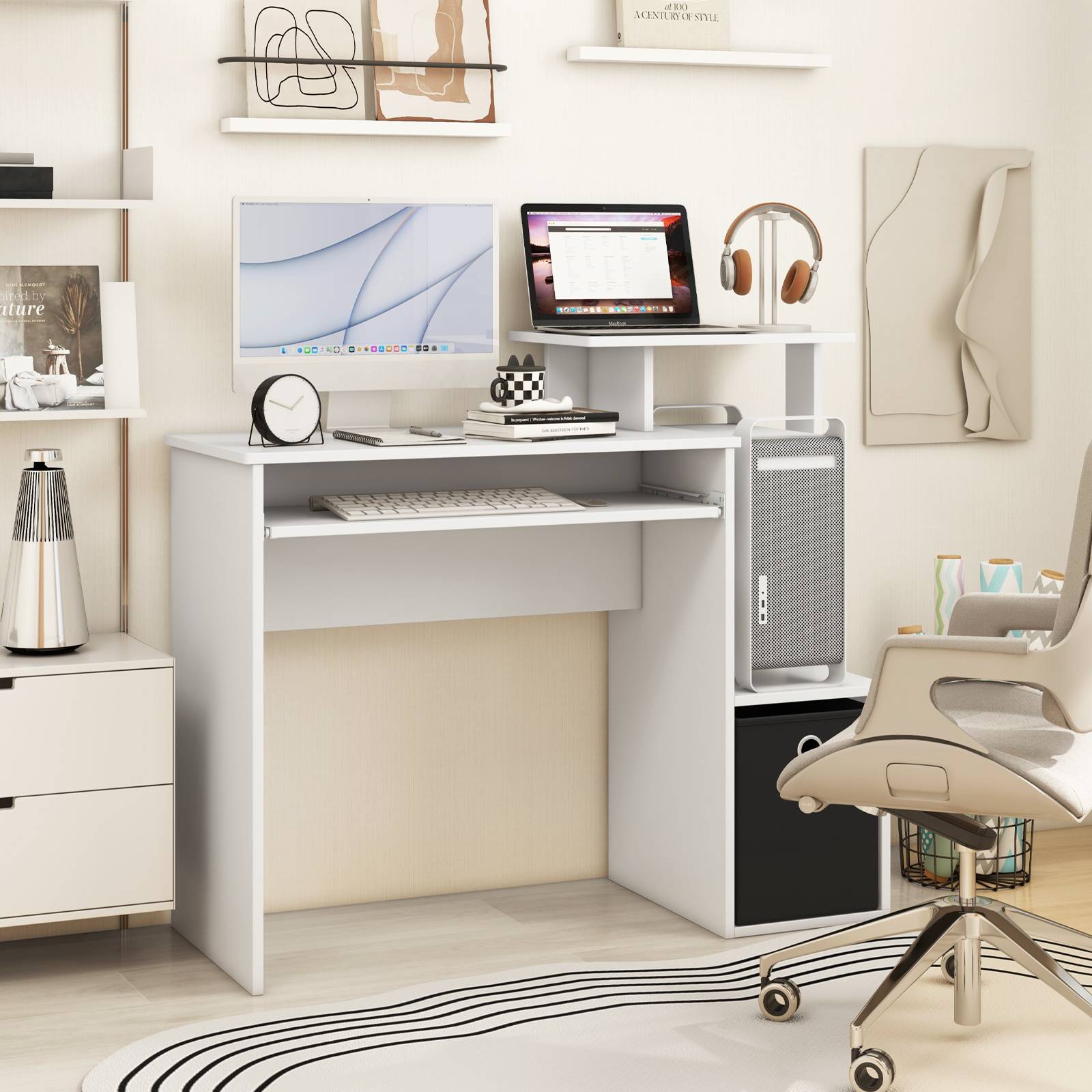 Petit Bureau d'Ordinateur avec Rangement, Bureau à Domicile avec Plateau pour Clavier et Tiroir en Tissu Amovible, pour Petits Espaces, Blanc - Image 6