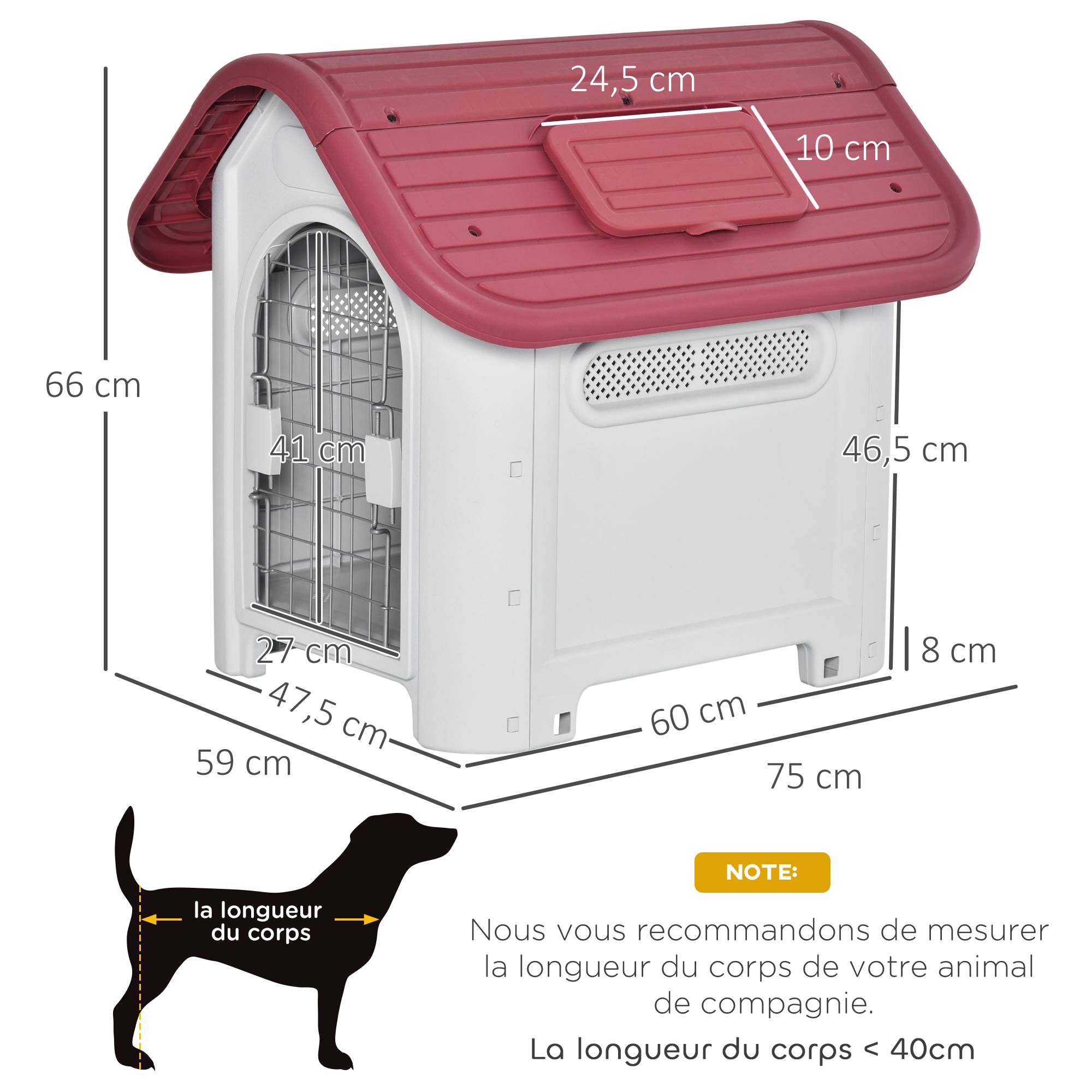 Niche chien extérieur intérieur PP toit réglable multi-ventilation 59x75x66cm rouge - ComfortXL Outdoor Living - Image 5