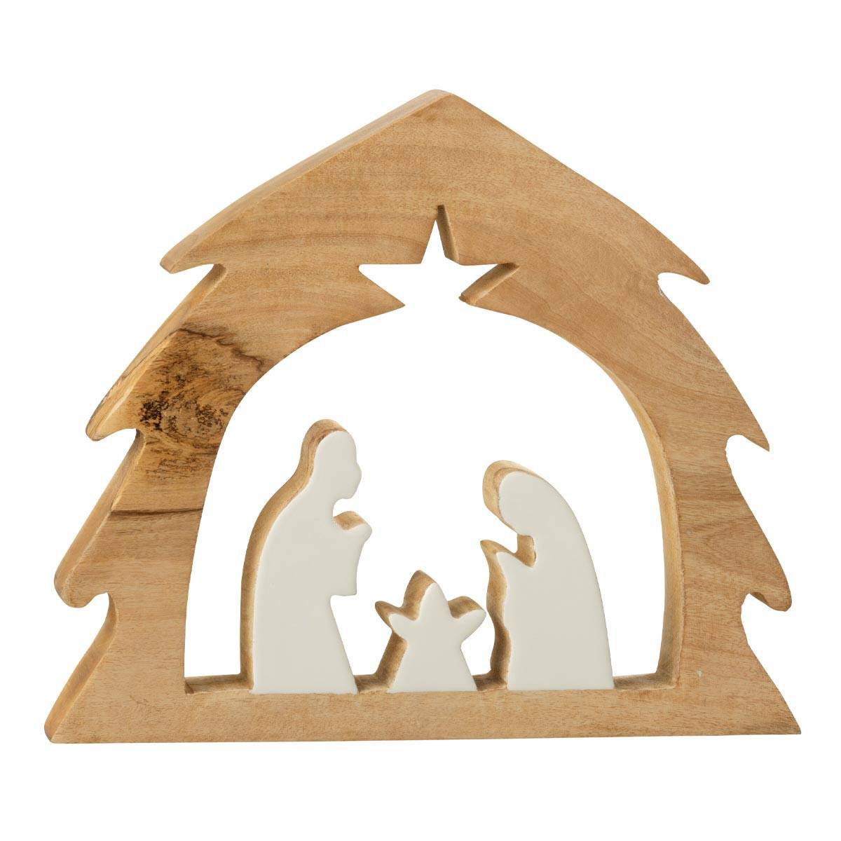 J-Line - Crèche Sapin en Bois "Ajourée" 37cm Blanc & Naturel - Image 1