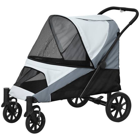 Poussette pliable pour grand chien avec fenêtres en filet, coussin et laisse, 124 x 67 x 100 cm, grise - Image 2