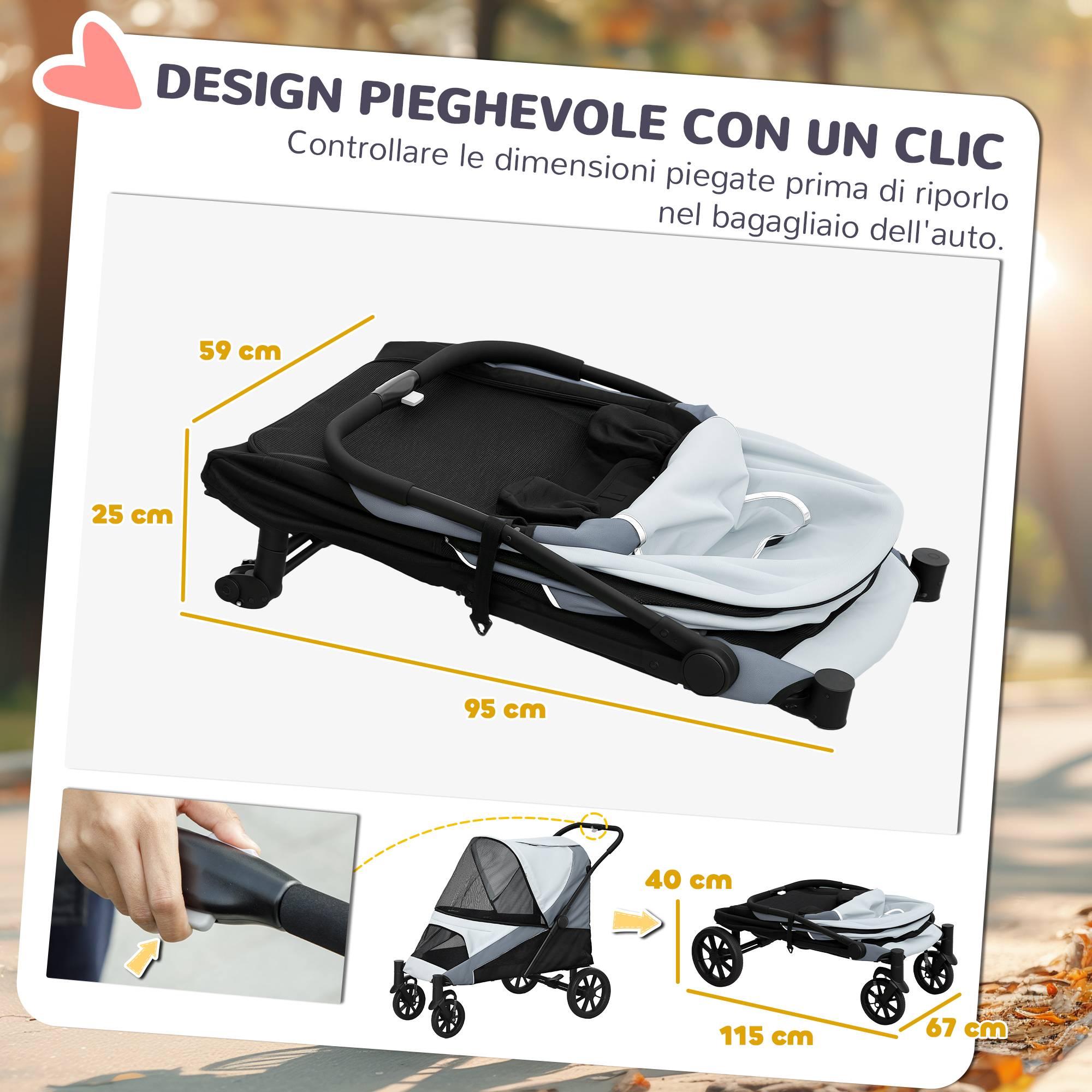 Poussette pliable pour grand chien avec fenêtres en filet, coussin et laisse, 124 x 67 x 100 cm, grise - Image 7