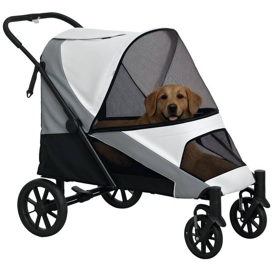 Poussette pliable pour grand chien avec fenêtres en filet, coussin et laisse, 124 x 67 x 100 cm, grise - Image 1