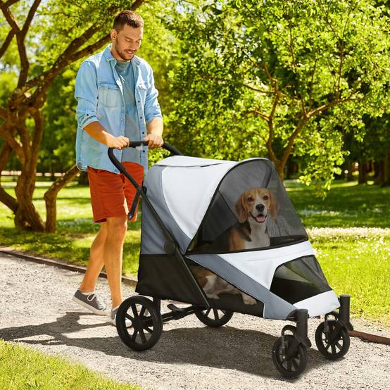 Poussette pliable pour grand chien avec fenêtres en filet, coussin et laisse, 124 x 67 x 100 cm, grise - Image 3