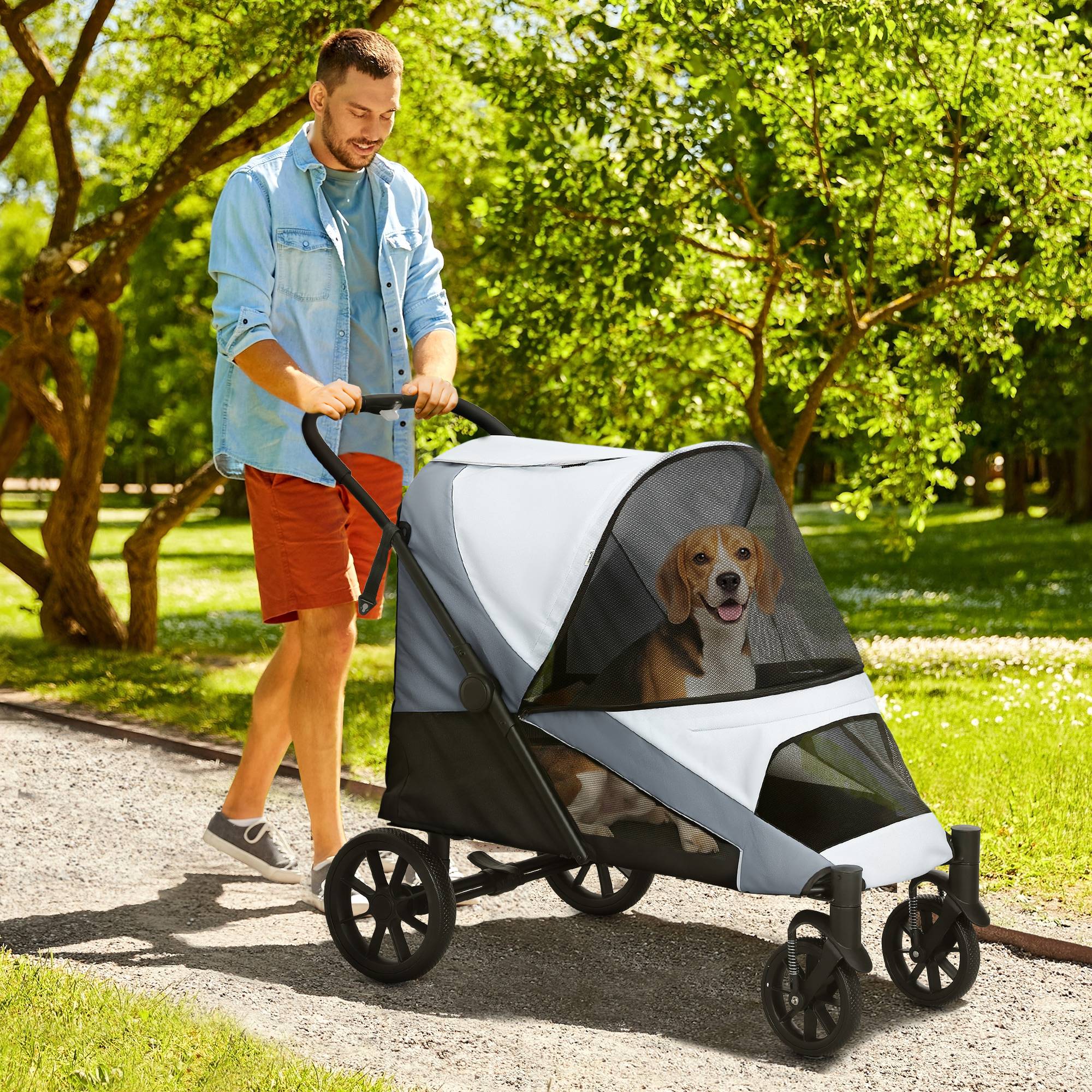 Poussette pliable pour grand chien avec fenêtres en filet, coussin et laisse, 124 x 67 x 100 cm, grise - Image 3