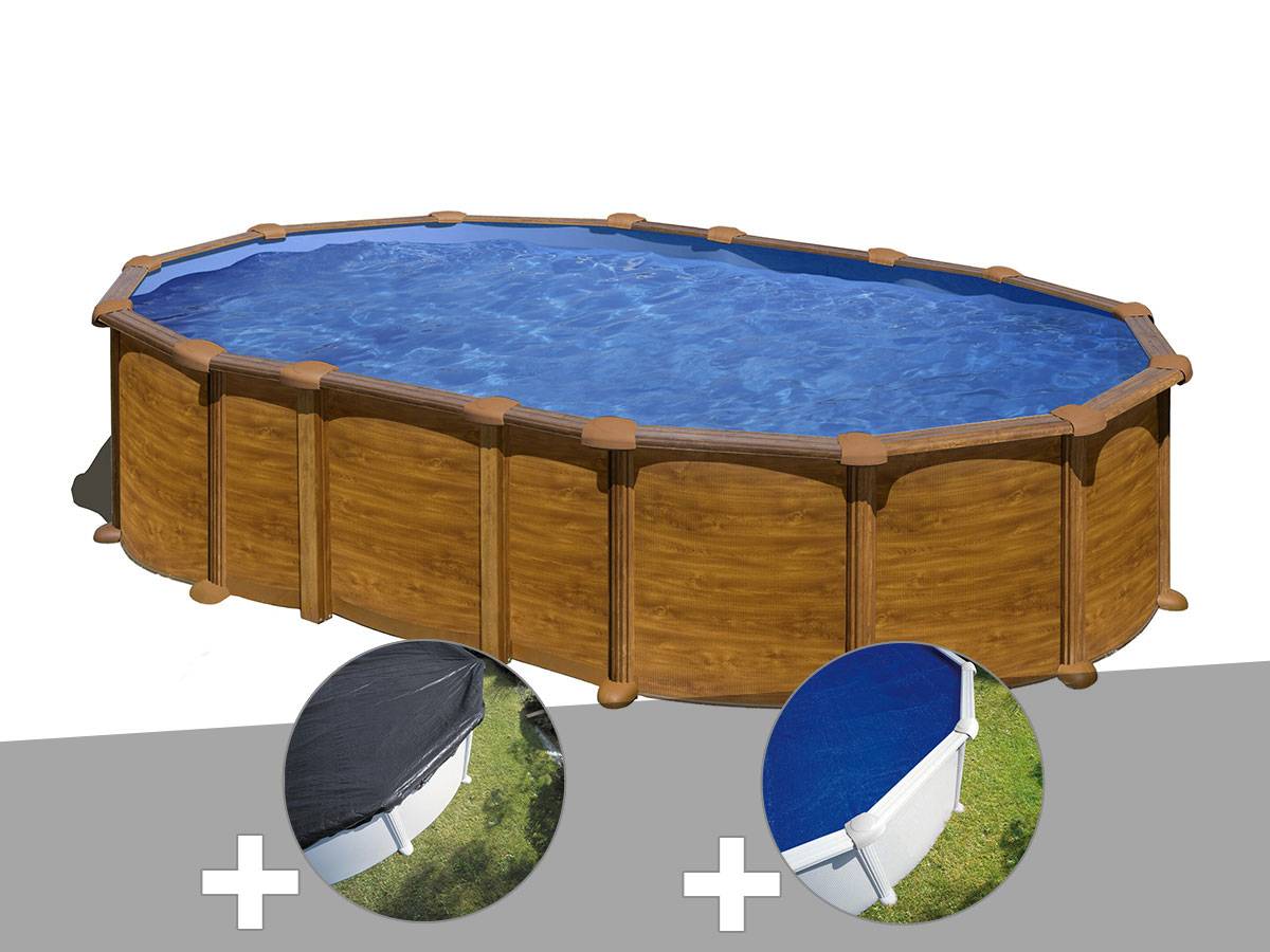 Gré - Kit piscine acier aspect bois Gré Amazonia ovale 6,34 x 3,99 x 1,32 m + Bâche d'hivernage + Bâche à bulles - Imagen 1