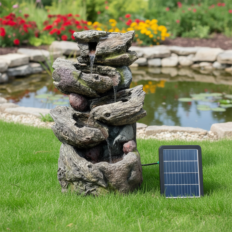 Fontaine de jardin solaire en polyrésine 38x36x58 cm avec LED et batterie Art-Pond marron gris - Image 1