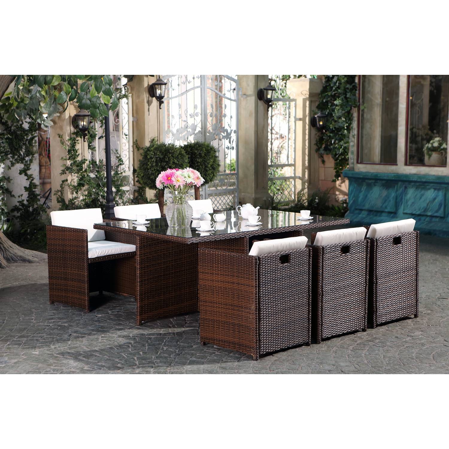 Salon de jardin 6 places marron-blanc + housse de protection MIAMI - Image 8