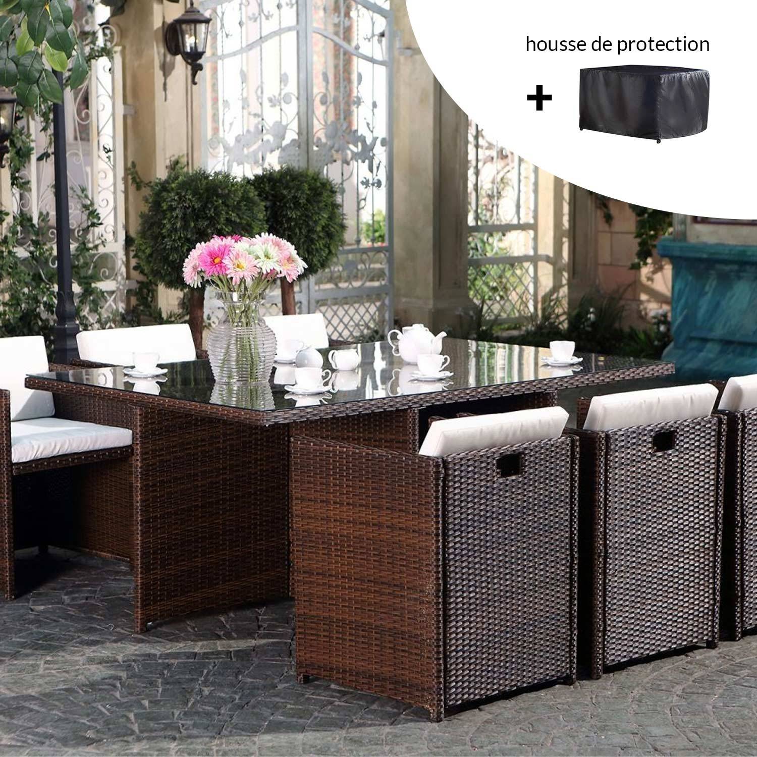 Salon de jardin 6 places marron-blanc + housse de protection MIAMI - Image 2