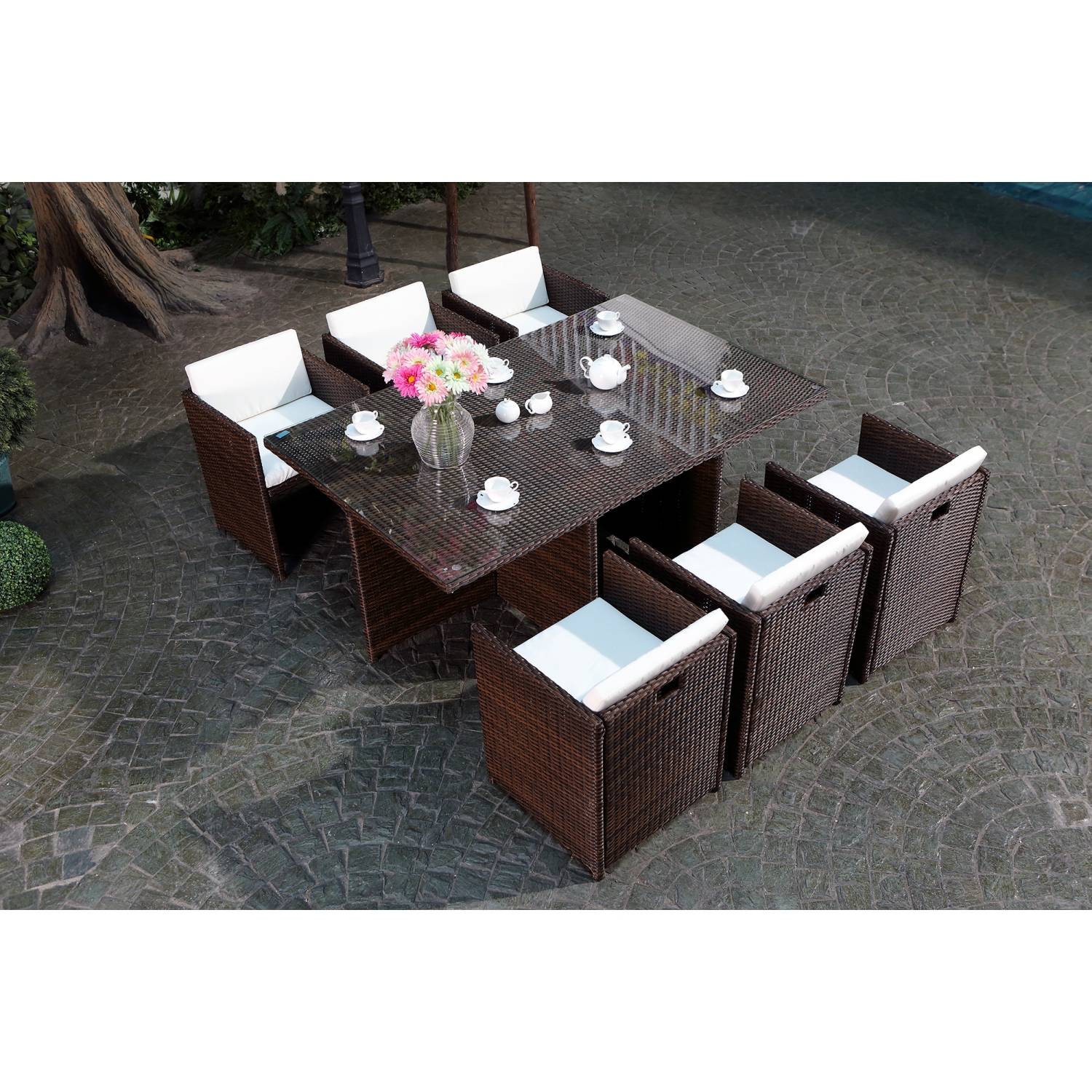 Salon de jardin 6 places marron-blanc + housse de protection MIAMI - Image 3