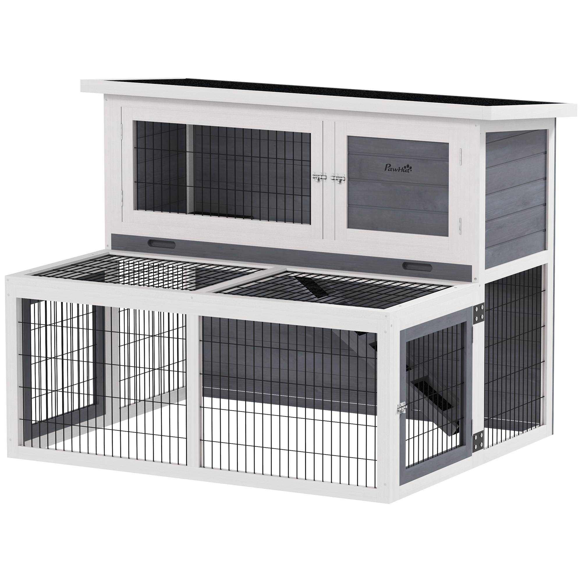 Cage lapins 2 niveaux, toit ouvrant, bois massif, hiver, duplex, 122 x 95 x 93,5 cm, gris - Image 2