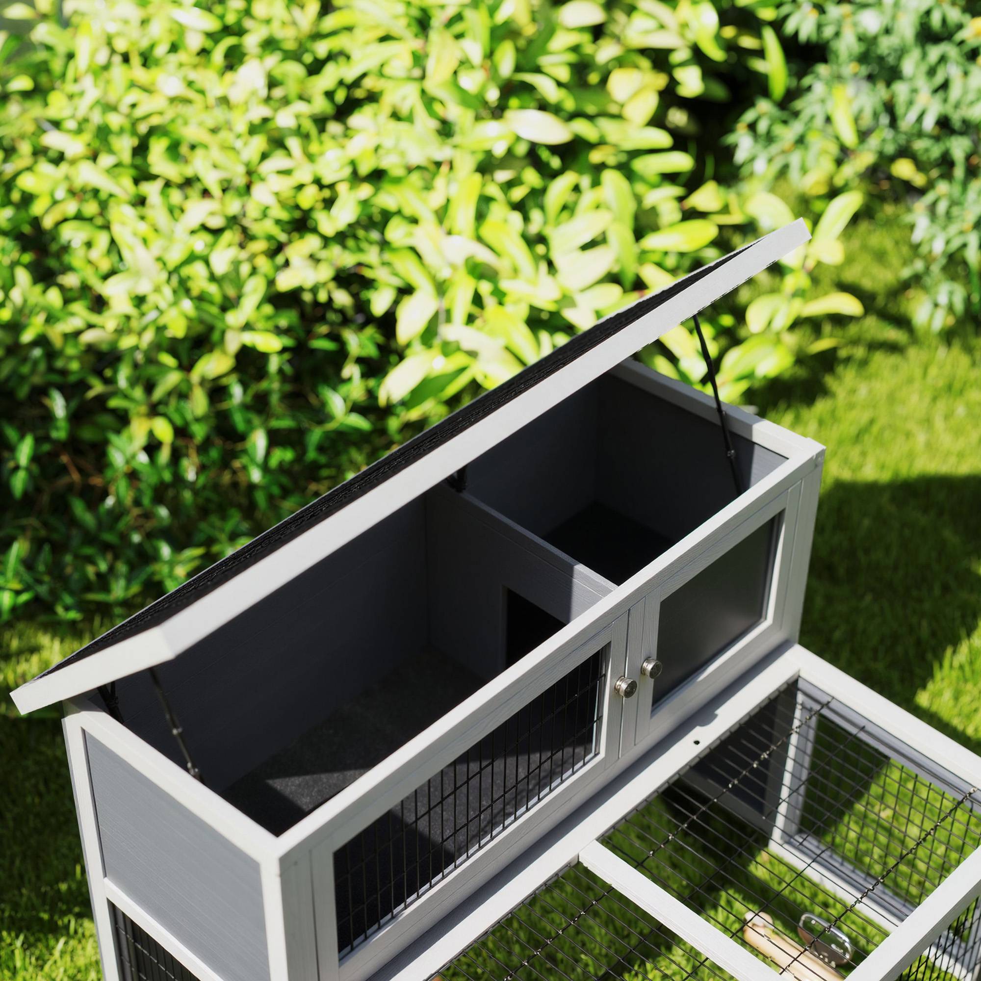 Cage lapins 2 niveaux, toit ouvrant, bois massif, hiver, duplex, 122 x 95 x 93,5 cm, gris - Image 10