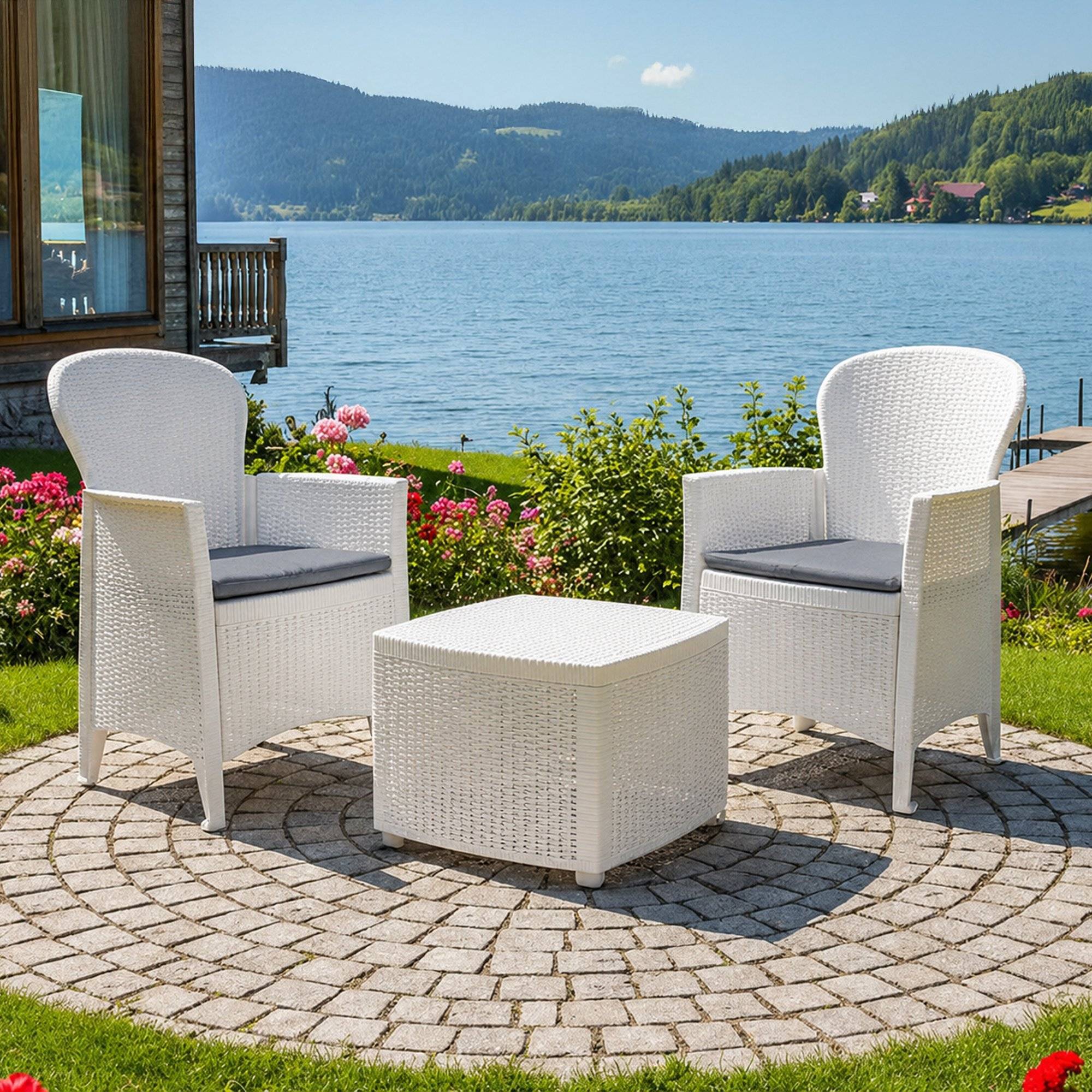 Dmora - Set salon d'extérieur Dakain, Salon de jardin composé de 2 fauteuils et 1 table conteneur, Salon effet rotin, 100% Made in Italy, Blanc - Dmora - Imagen 2