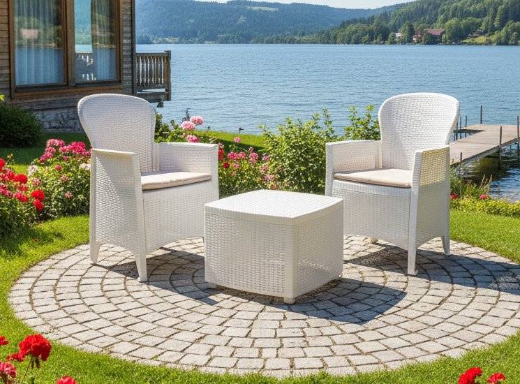 Dmora - Set salon d'extérieur Dakain, Salon de jardin composé de 2 fauteuils et 1 table conteneur, Salon effet rotin, 100% Made in Italy, Blanc - Dmora - Imagen 8