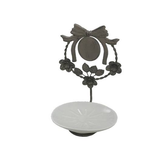 ~ Porte savon en fonte et porcelaine gris et blanc 20 x 14 x 14 cm Chemin de campagne