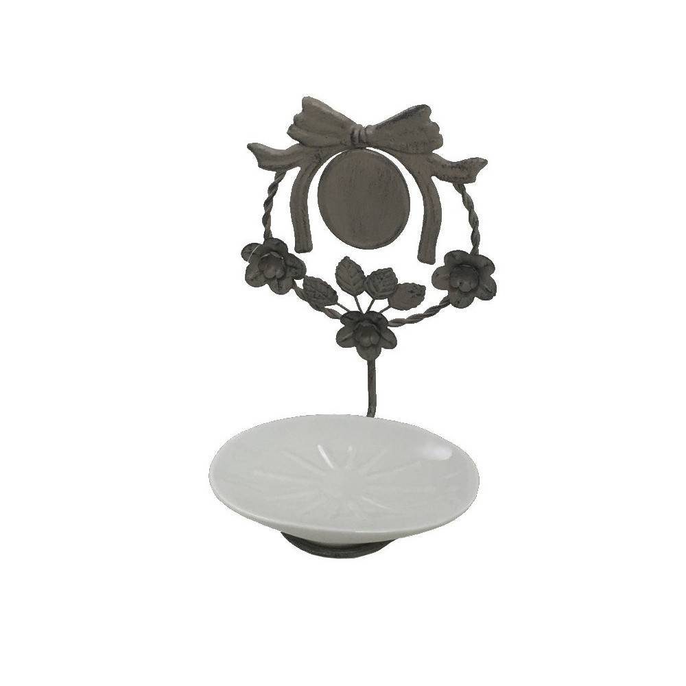 ~ Porte savon en fonte et porcelaine gris et blanc 20 x 14 x 14 cm Chemin de campagne