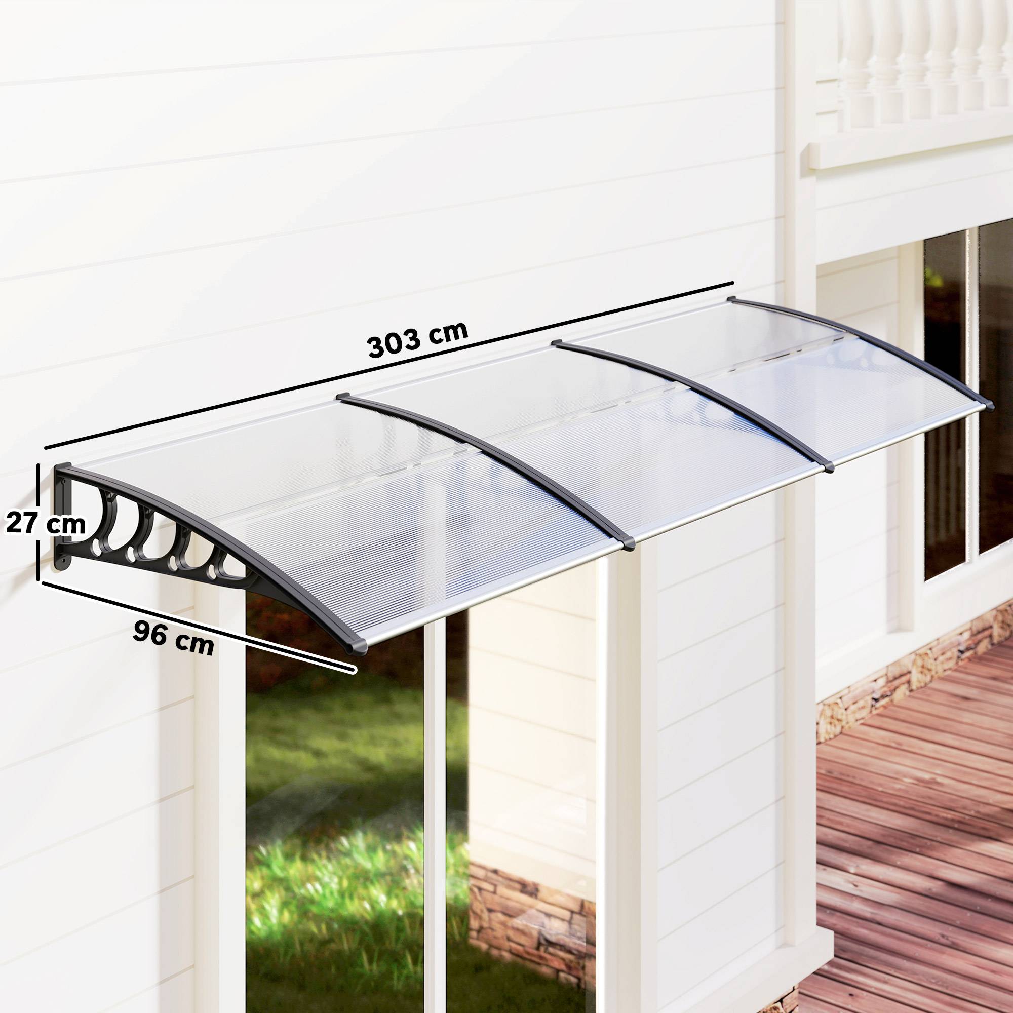 Sans Marque - Auvent pour porte d'entrée/fenêtre, résistant aux intempéries, transparent, tiges de connexion en aluminium/polycarbonate, 303 x 96 x 27 cm, noir - Image 5