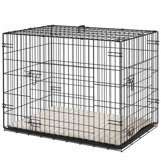 Cage pour chien pliable, coussin, portes, bac amovible, cadre métallique, 75x48,5x53 cm, noir beige - Image 2